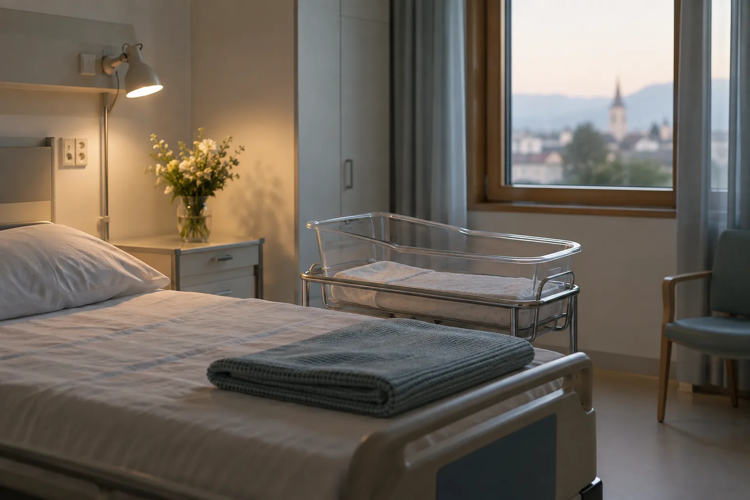 Ein ruhiges, leeres Krankenzimmer in der Abenddämmerung mit einem Wärmebettchen für Neugeborene am Fenster