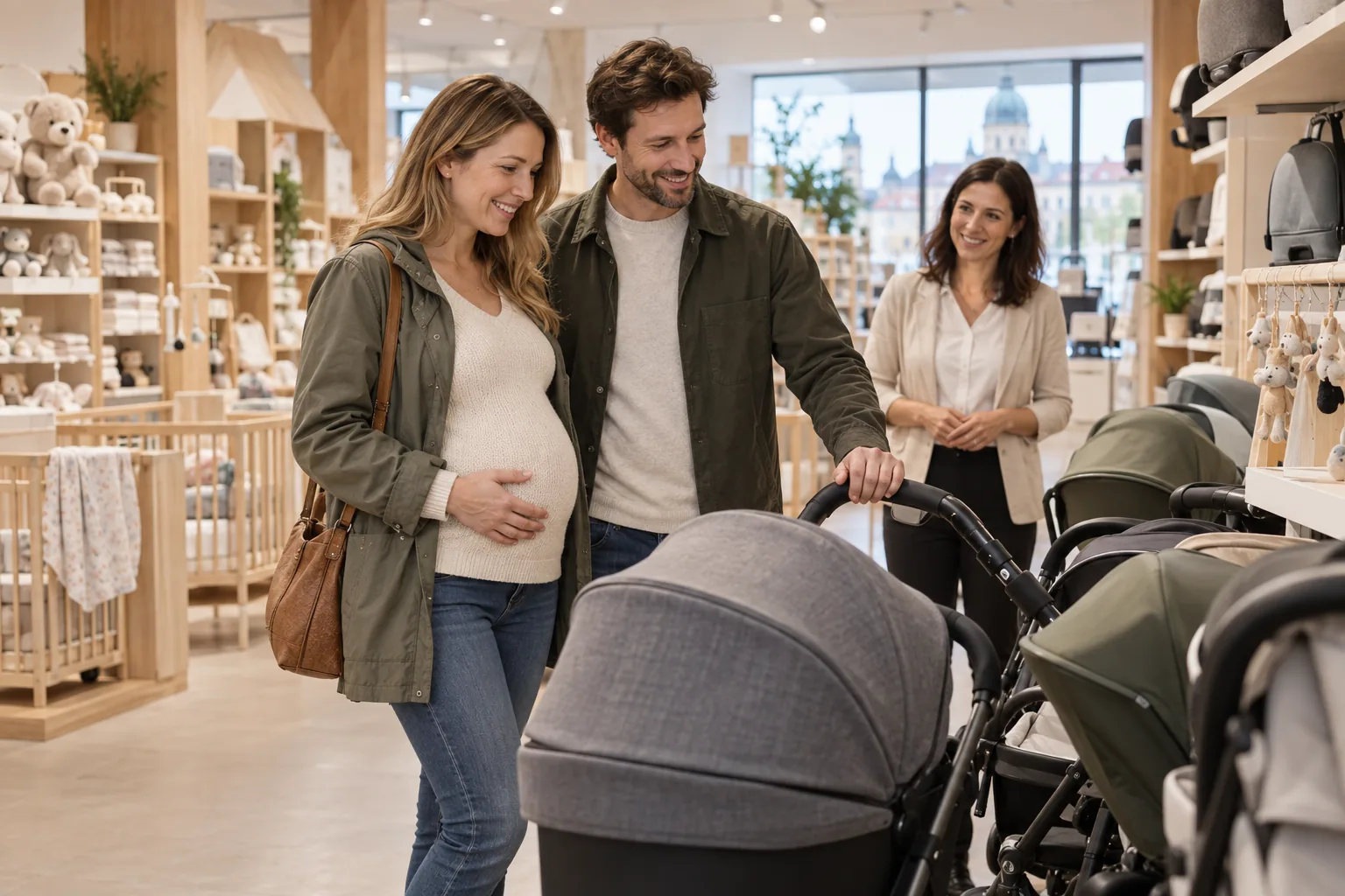 Ein schwangeres Paar schiebt gemeinsam mit einer Verkäuferin einen Kinderwagen durch ein Babyfachgeschäft