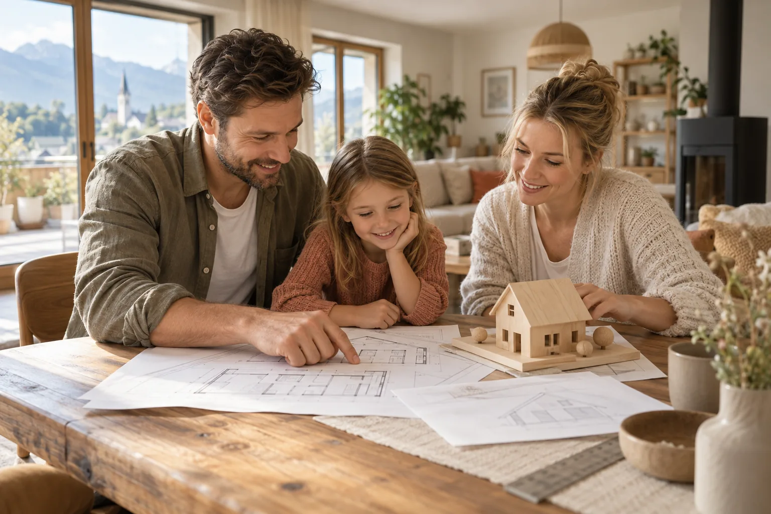 Eine Familie betrachtet gemeinsam Baupläne und ein Modellhaus aus Holz am Tisch
