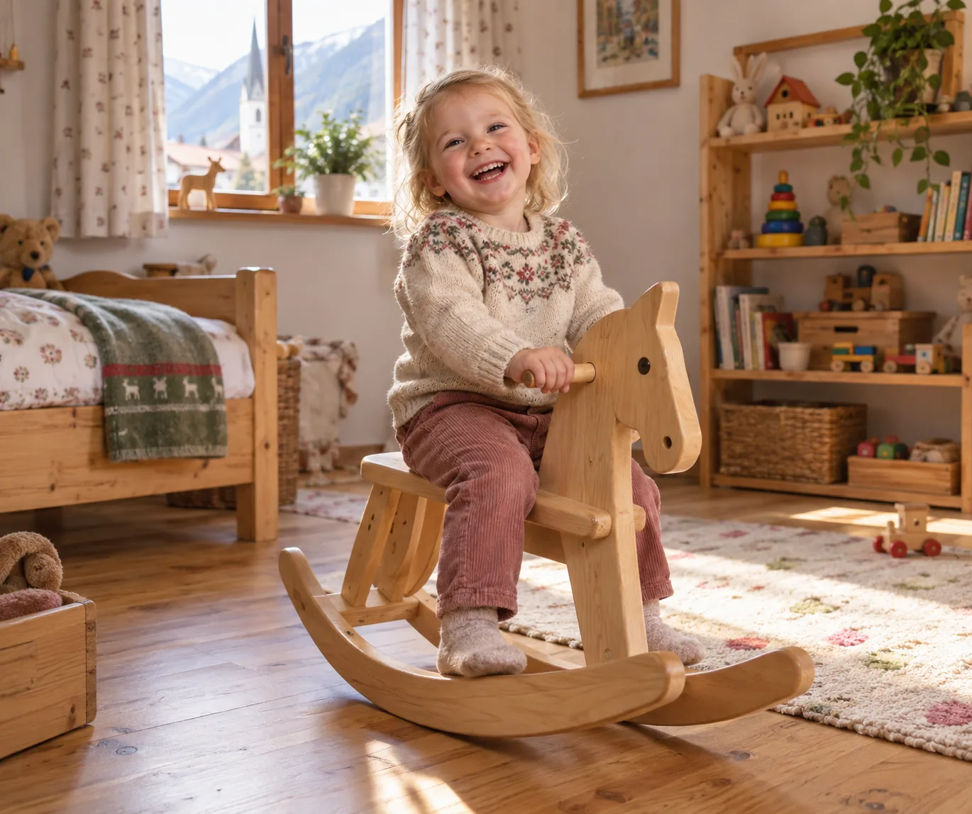 Ein kleines Mädchen sitzt lachend auf einem Schaukelpferd aus hellem Holz in ihrem Kinderzimmer