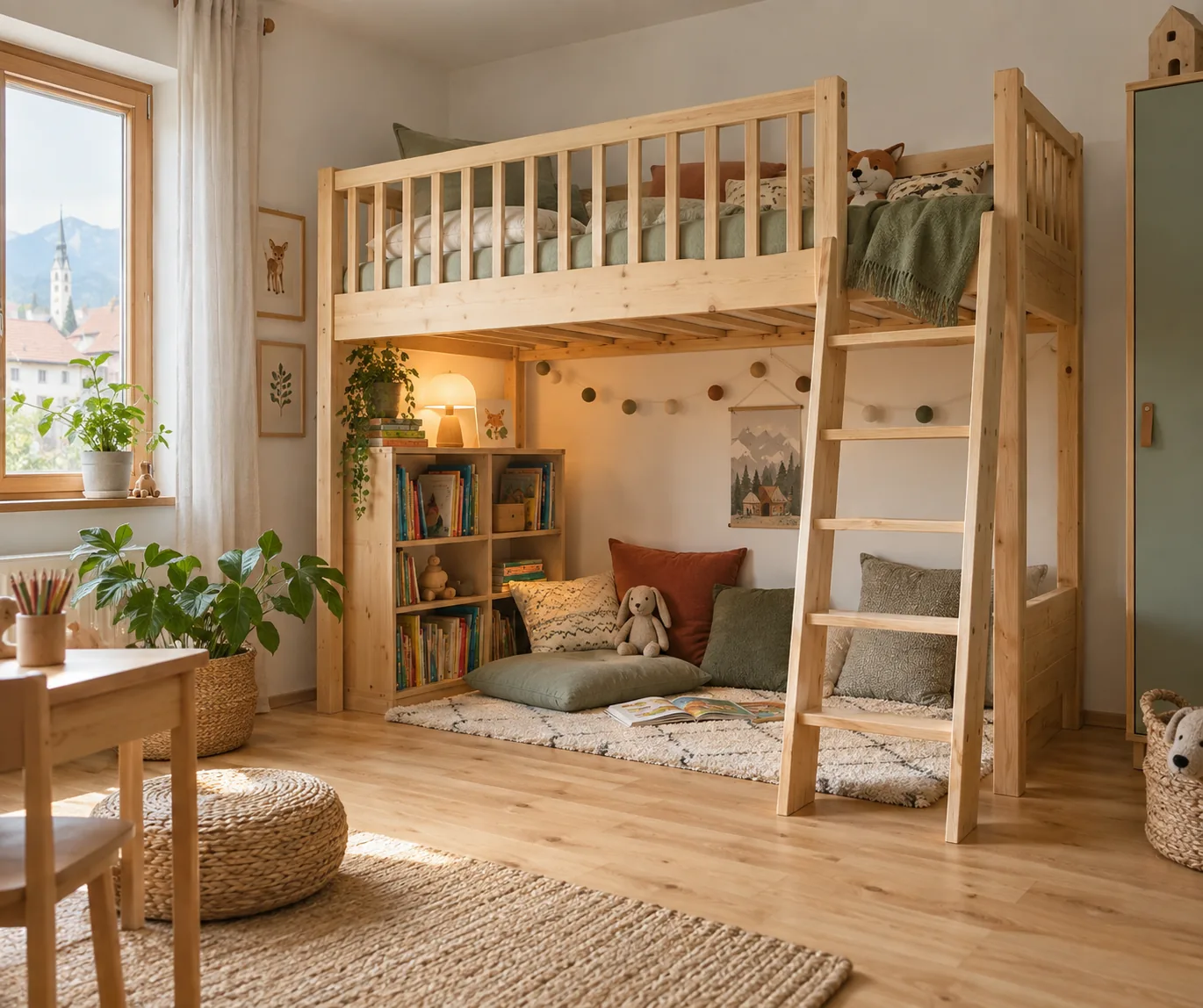Ein Hochbett mit stabilem Geländer in einem hellen Kinderzimmer, darunter eine gemütliche Leseecke