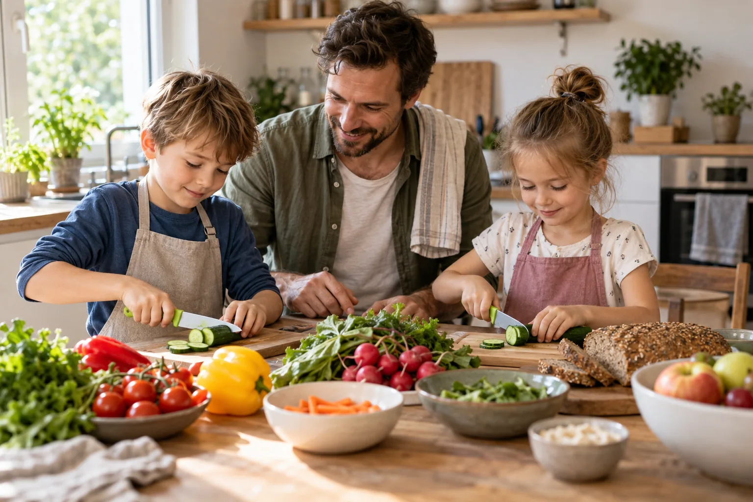 Ein Vater schneidet mit zwei Kindern Gemüse für ein gesundes Mittagessen