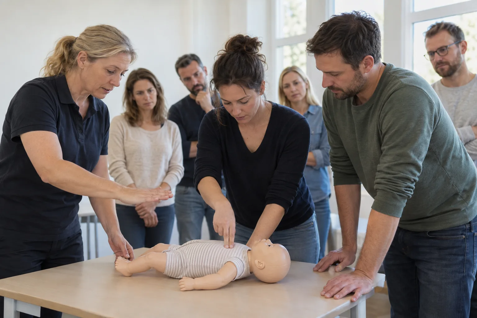 Eine Trainerin zeigt Eltern die Herzdruckmassage an einer Babypuppe