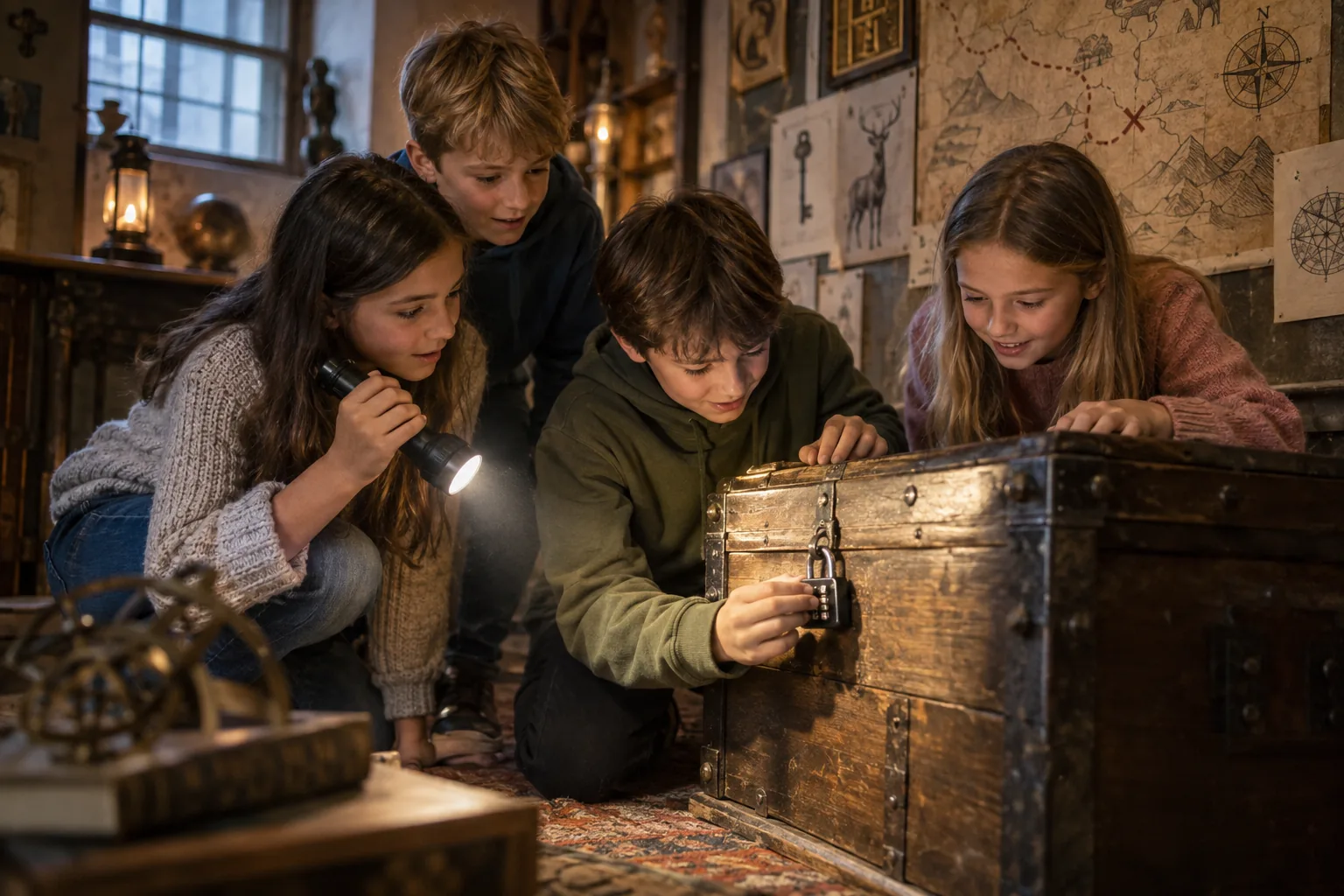 Kinder versuchen in einem Escape Room gemeinsam ein Zahlenschloss an einer Truhe zu öffnen