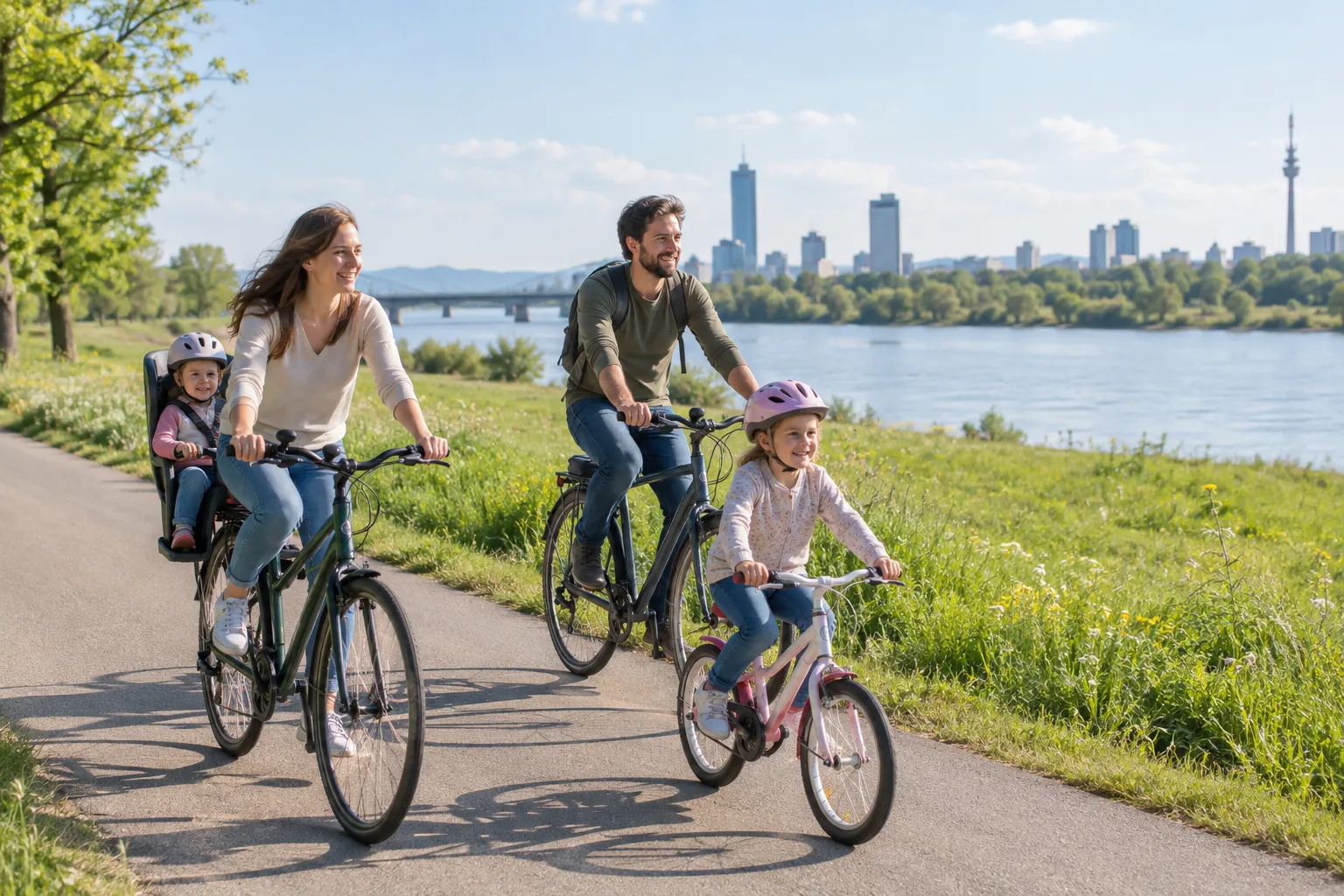Eltern fahren mit zwei Kindern auf einem Radweg an der Donau, im Hintergrund die Wiener Skyline