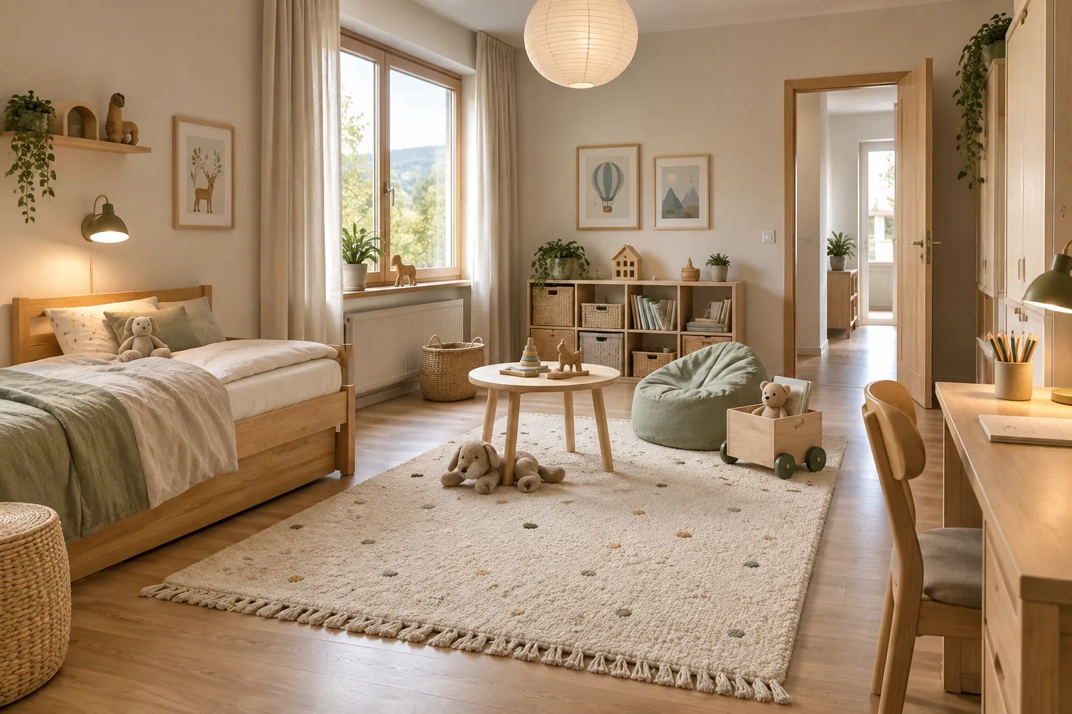 Ein harmonisch eingerichtetes Kinderzimmer mit getrennten Bereichen zum Schlafen, Lernen und Spielen