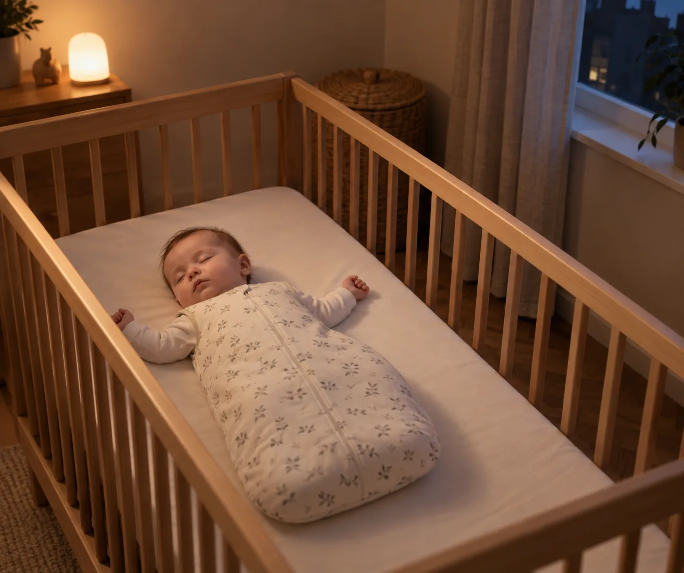 Ein schlafendes Baby liegt sicher auf dem Rücken in einem Schlafsack in seinem Bett