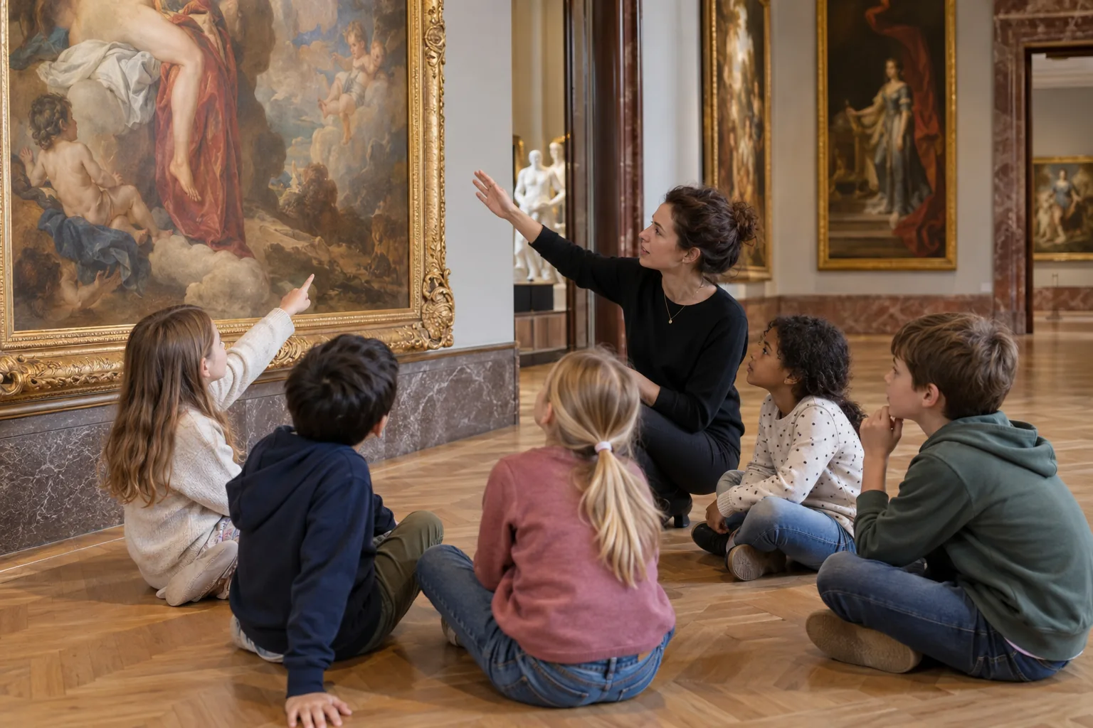 Kinder sitzen in einem Kunstmuseum vor einem großen Gemälde, eine Vermittlerin erklärt das Bild