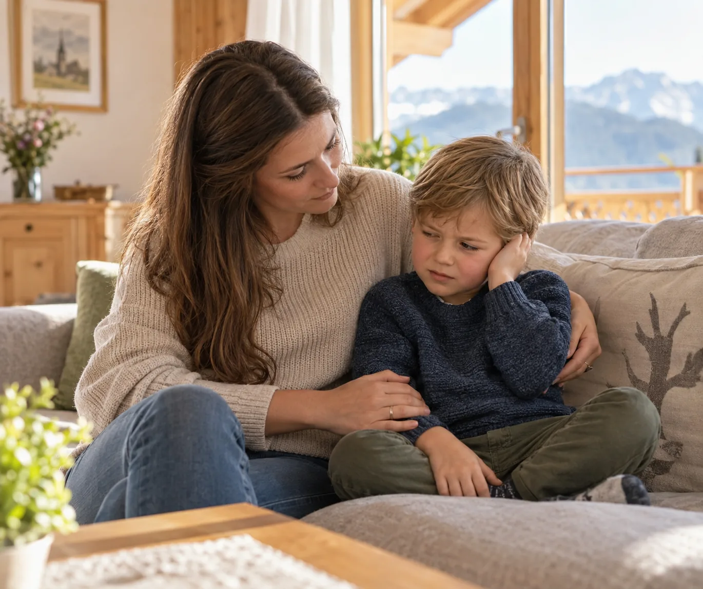 Eine Mutter tröstet ihren Sohn, der sich schmerzverzogen ans Ohr fasst
