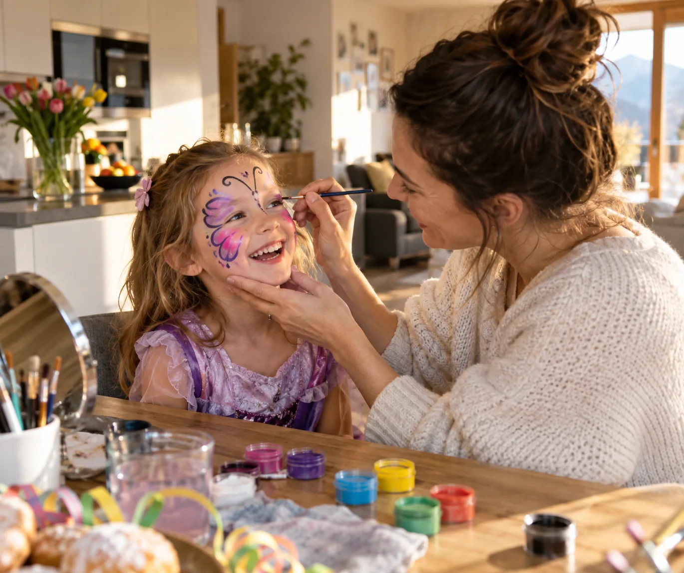 Eine Mutter schminkt ihrer lachenden Tochter einen bunten Schmetterling ins Gesicht