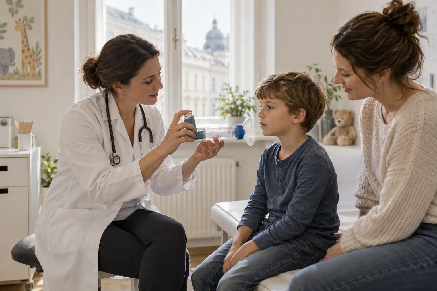 Eine Kinderärztin zeigt einem Buben, wie er einen Asthmaspray mit Inhalierhilfe verwendet