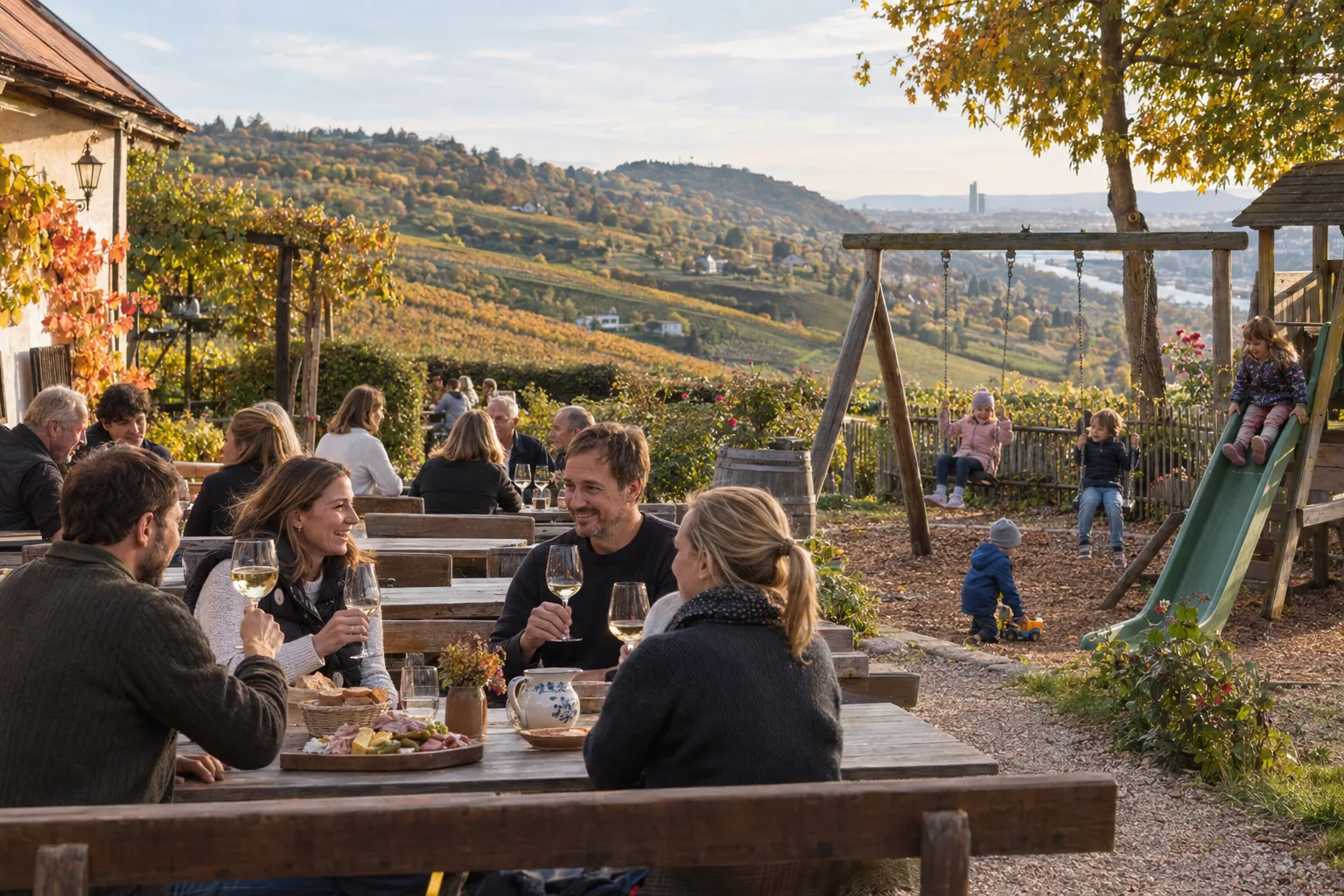 Familien sitzen im Gastgarten eines Heurigen in den Weinbergen, daneben spielen Kinder auf Schaukel und Rutsche