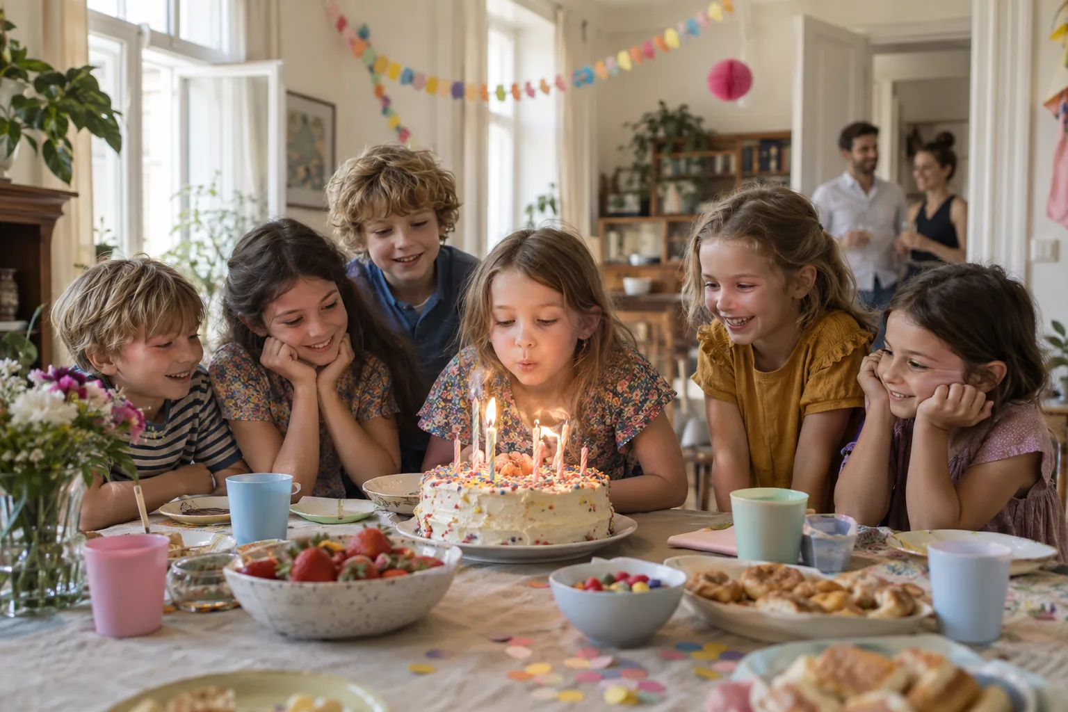 Ein Mädchen bläst bei seiner Geburtstagsfeier zu Hause die Kerzen auf der Torte aus
