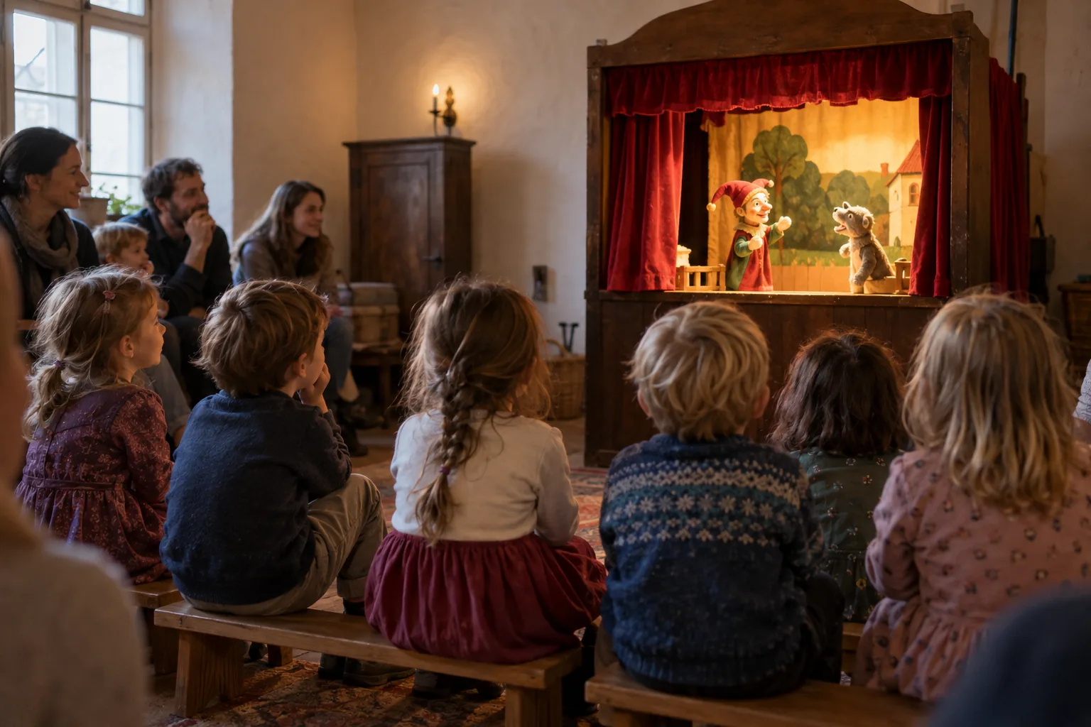 Kleine Kinder verfolgen in einem Puppentheater eine Vorstellung auf der Bühne