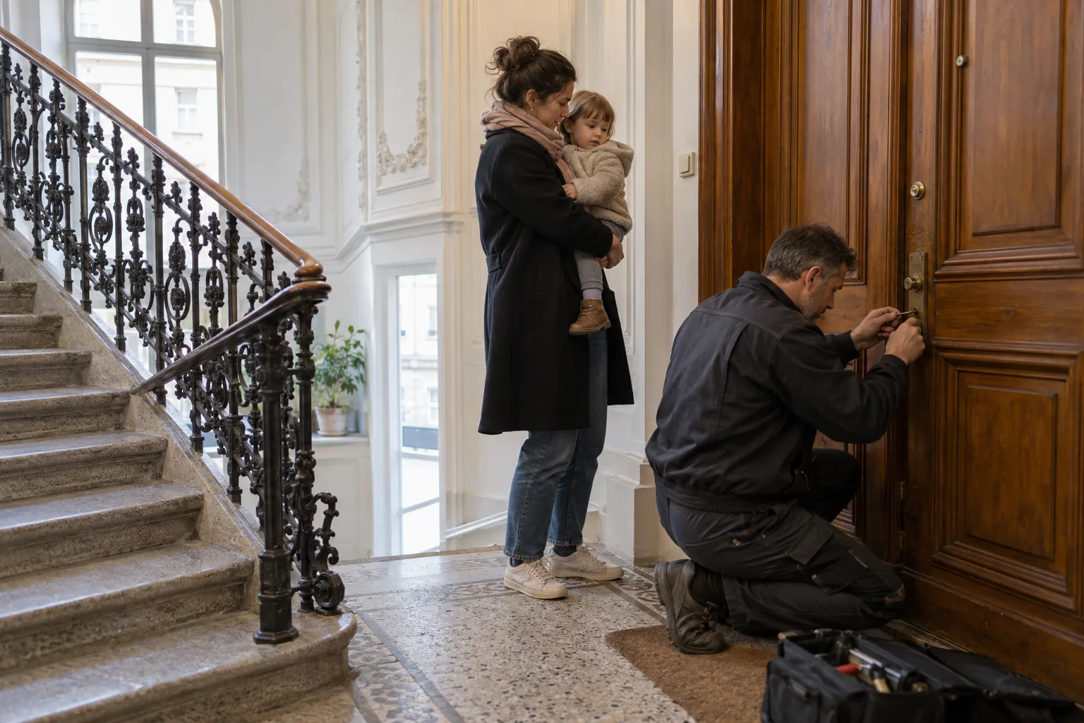 Eine Mutter mit Kleinkind wartet im Stiegenhaus eines Altbaus, während ein Schlüsseldienst die Wohnungstür öffnet
