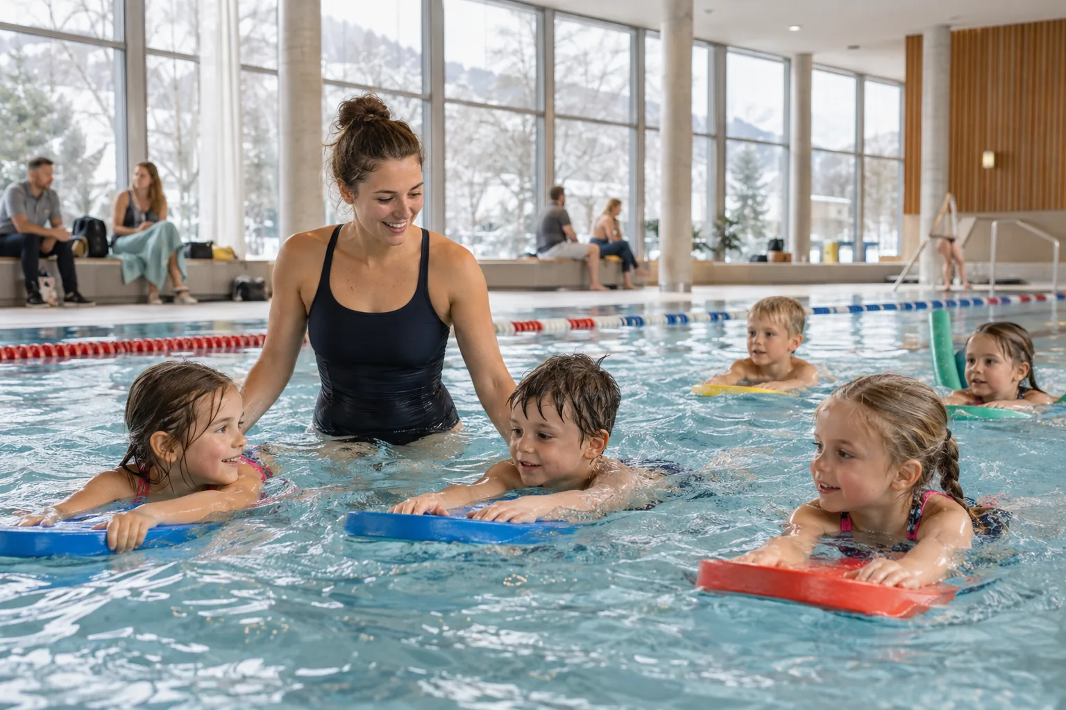 Kinder lernen mit einer Schwimmlehrerin im Lehrschwimmbecken eines Hallenbads schwimmen