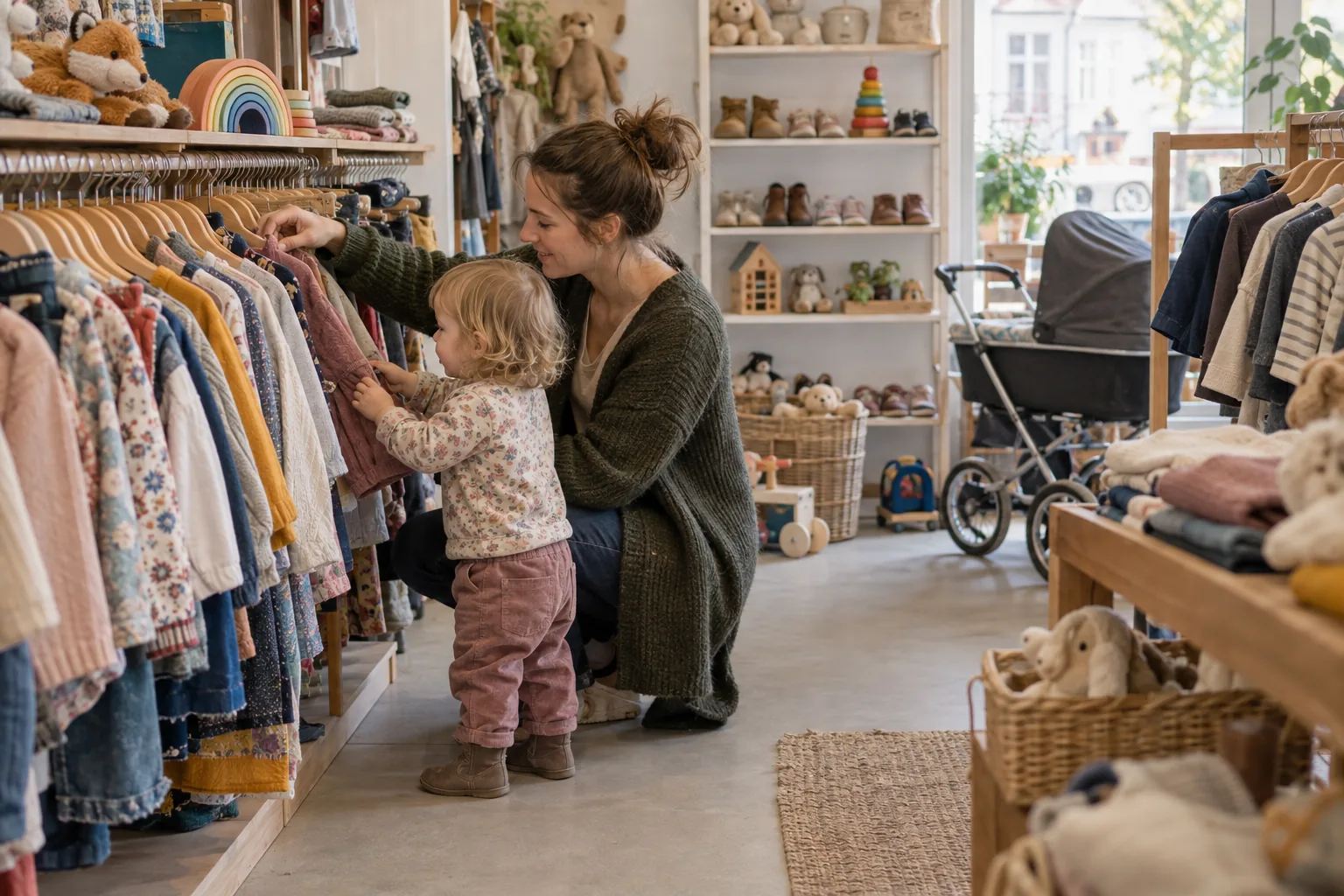 Eine Mutter sucht mit ihrer kleinen Tochter in einem Second-Hand-Laden gebrauchte Kinderkleidung aus