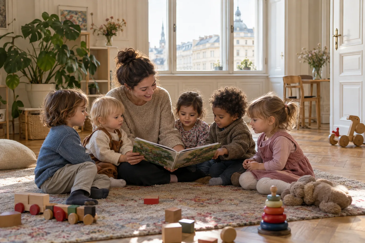 Eine Betreuerin liest einer Gruppe von Kleinkindern in einer Altbauwohnung aus einem Bilderbuch vor