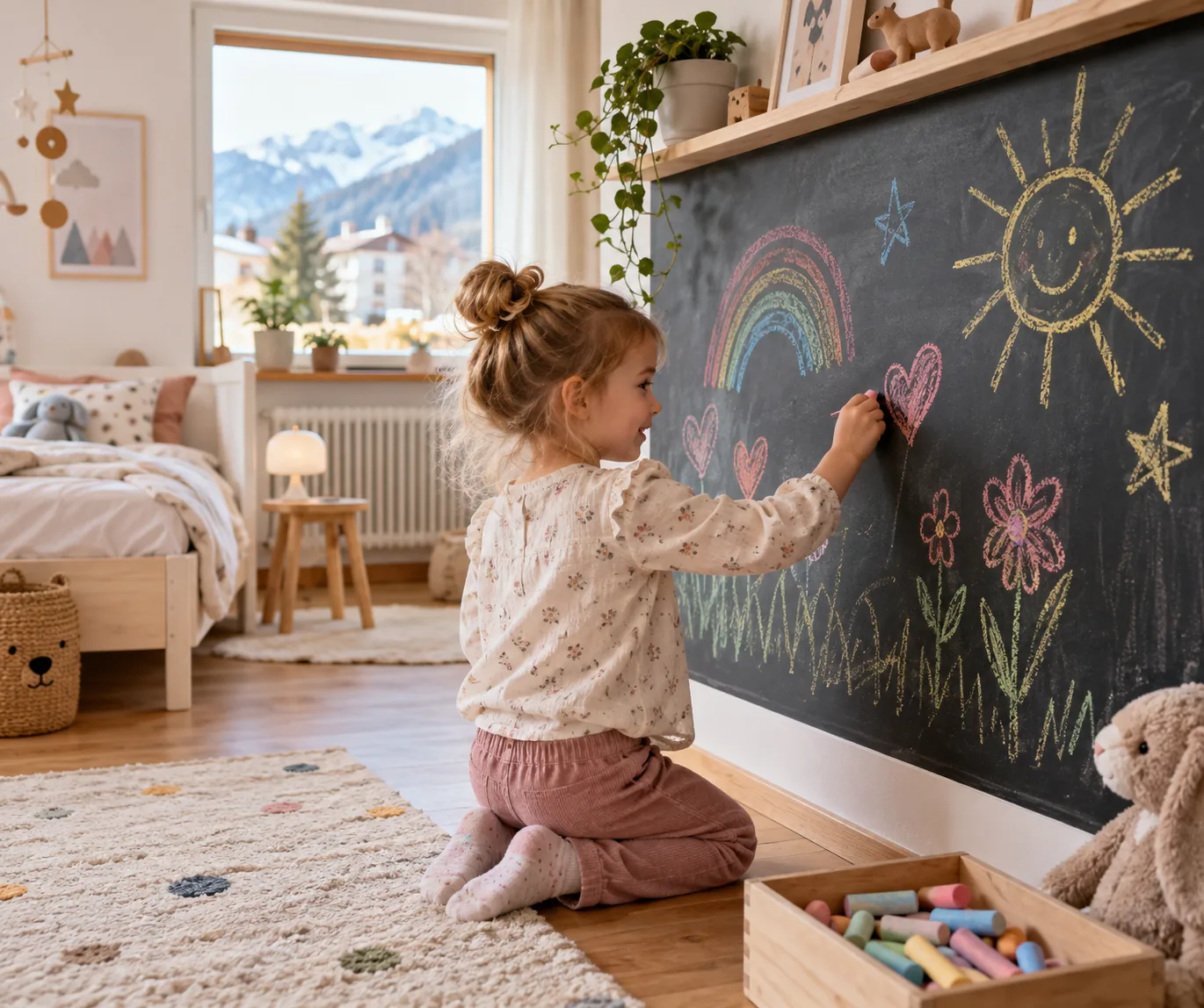 Ein Mädchen malt mit bunter Kreide an einer Tafelfolie im Kinderzimmer