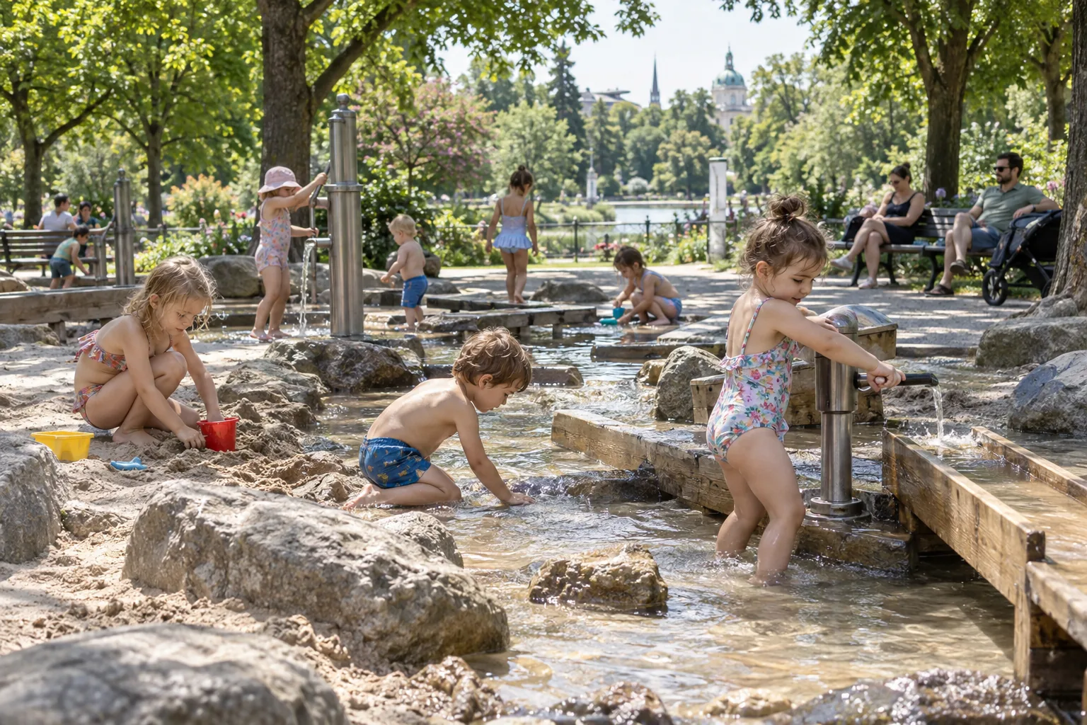 Kinder spielen an Wasserpumpen und Rinnen eines Wasserspielplatzes in einem Park