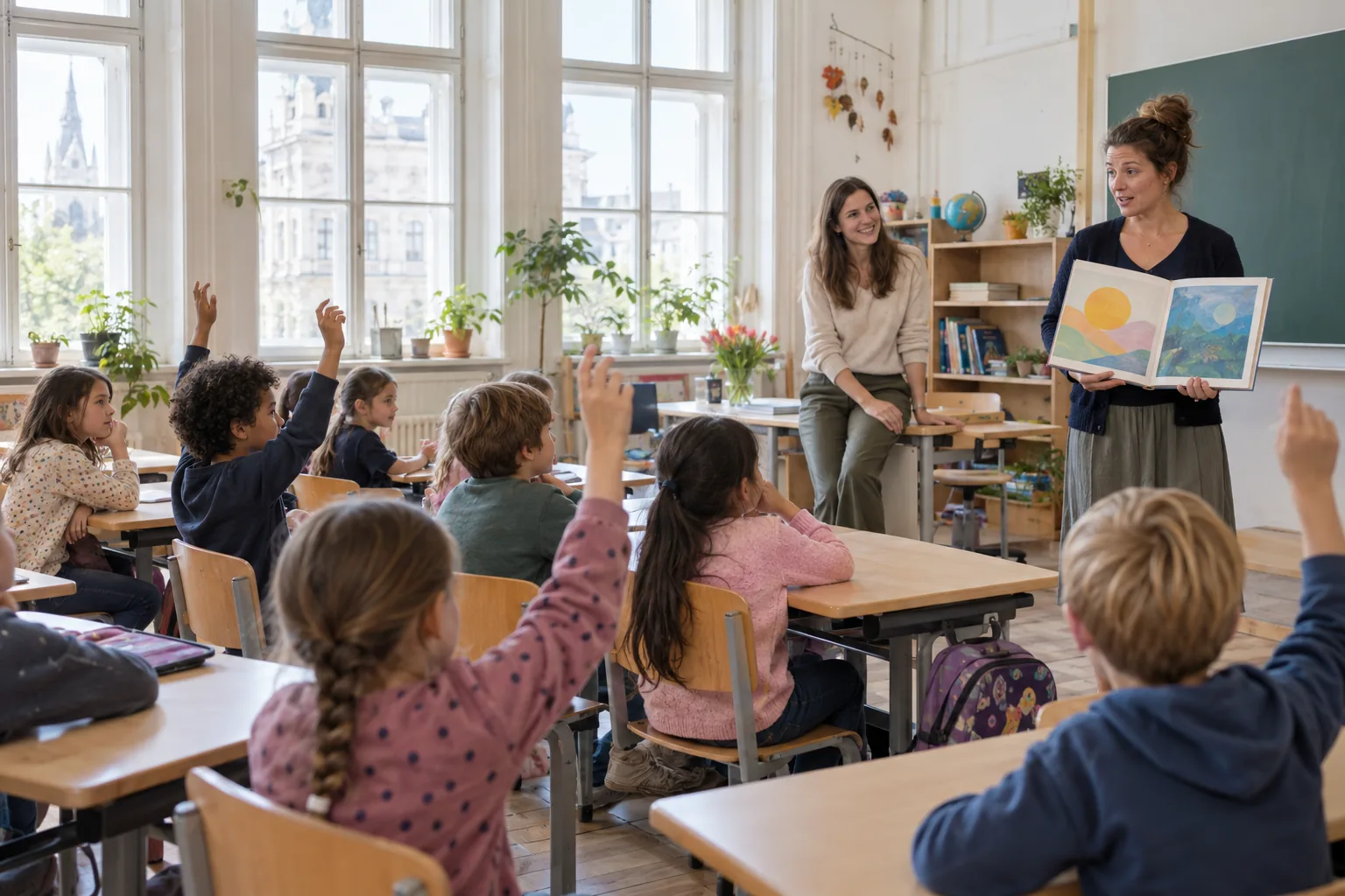 Zwei Lehrerinnen unterrichten gemeinsam eine Volksschulklasse, die Kinder zeigen auf