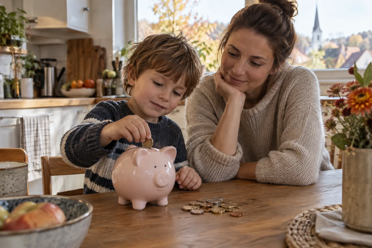 Ein Bub wirft eine Münze in ein Sparschwein, die Mutter sieht zu