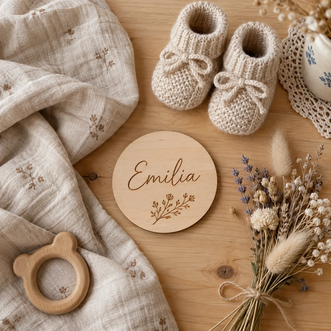 Ein liebevoll verpacktes, individuelles Babygeschenk mit Namensgravur und kleinen Strickschuhen auf einem Holztisch