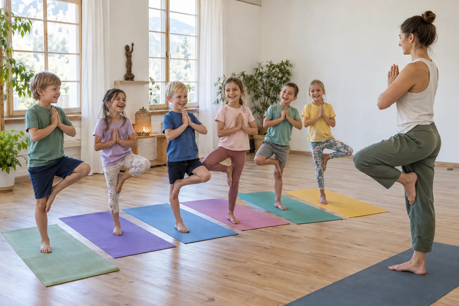 Kinder stehen bei einem Yogakurs auf bunten Matten im Baum und machen der Trainerin die Übung nach